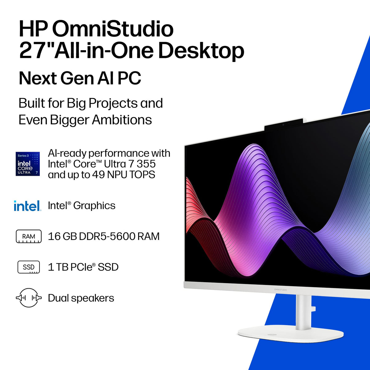 HP - OmniStudio 27" Full HD Touchscreen All-in-One w/ Adjustable Height - Intel Core Ultra 7 - 16GB Memory - 1TB SSD - Cotton White