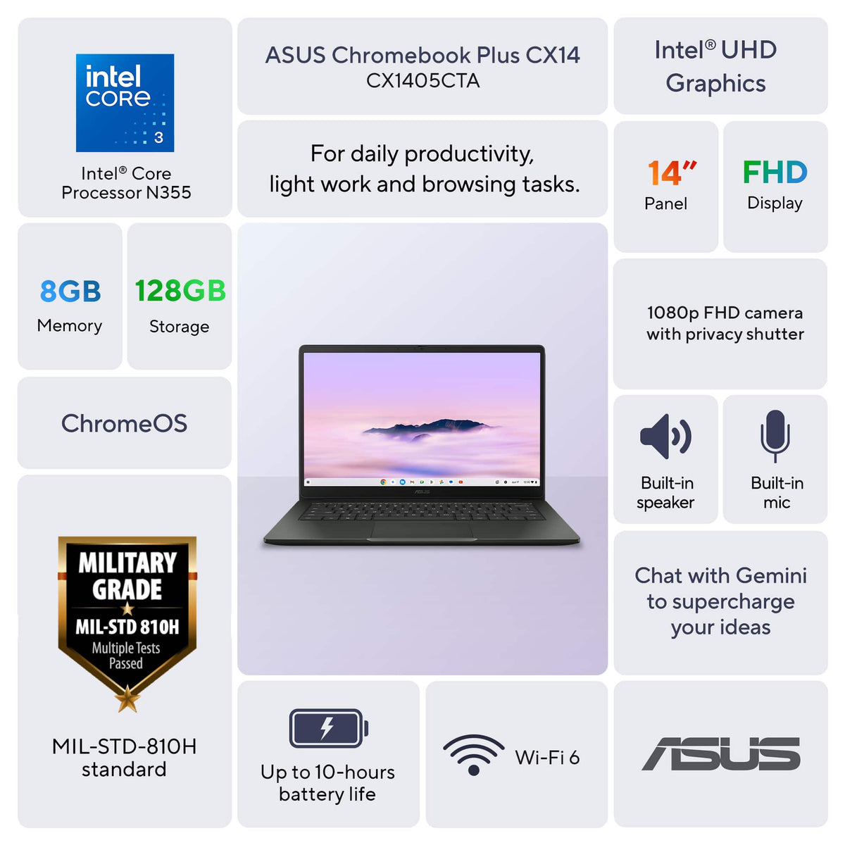 ASUS - CX14 14" FHD Chromebook Plus Laptop with Google AI - Intel Core 3 (2025) - 8GB Memory - 128GB Storage - Hunter Green
