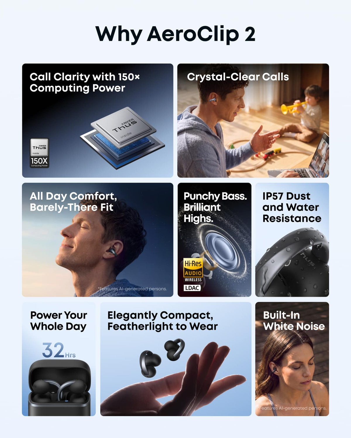 Anker - Soundcore AeroClip 2 Wireless Open-Ear Clip-On Bluetooth Earbuds - with Guinness Records-Certified Call Quality - Black