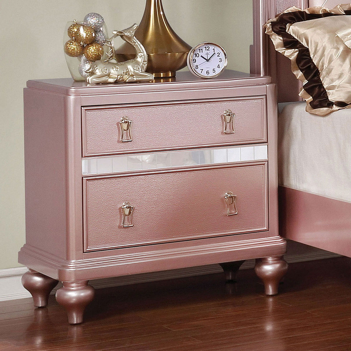 Mesa de noche con paneles decorativos de espejo, diseño de 2 cajones - Oro rosa