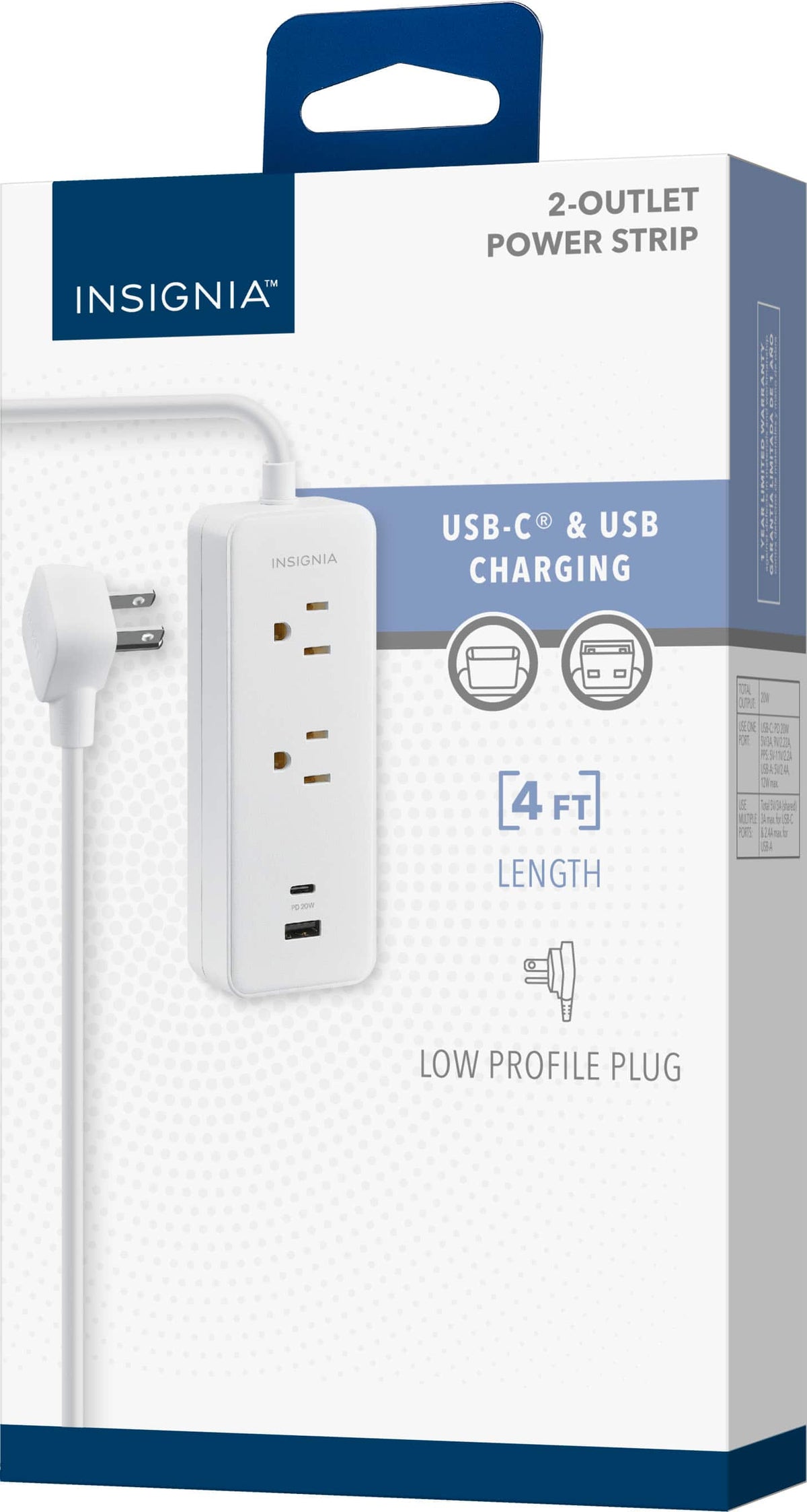 Insignia™ - 4’ 2 Outlet Power Strip with USB-C and USB Ports - White