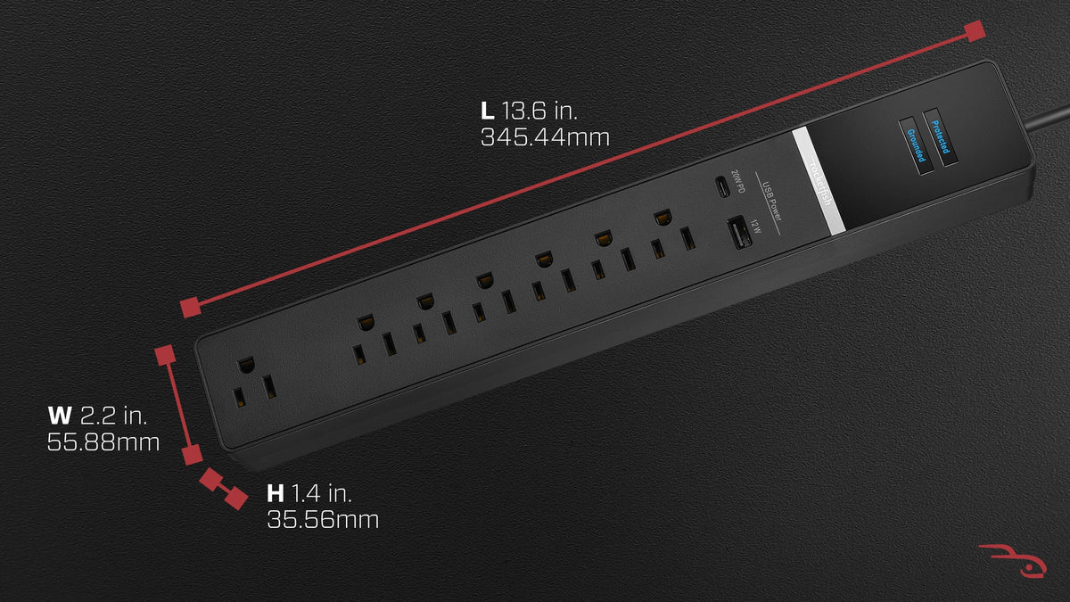Rocketfish™ - 7-Outlet/1-USB/1-USB-C 2160 Joules Surge Protector Strip - Black