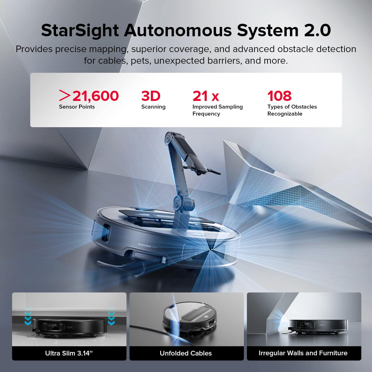 Roborock - Saros Z70 Robot Vacuum & Mop, OmniGrip Arm, 22,000Pa Suction, 3.14" Ultra Slim, Obstacle Avoidance, AdaptiLift Chassis - Silver