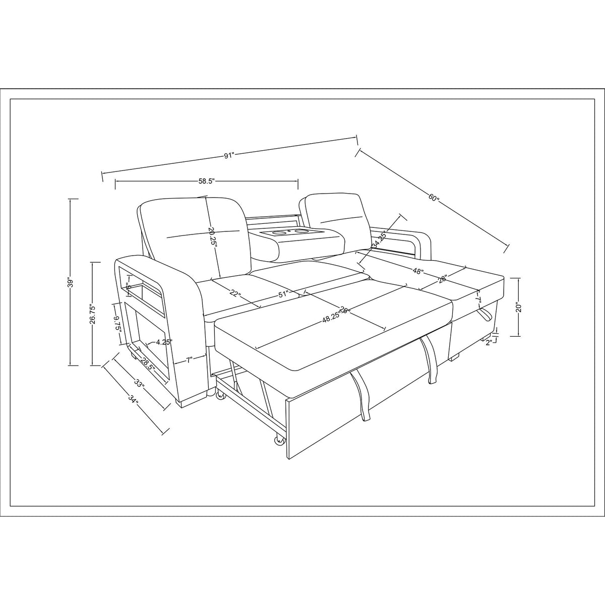 Mitchell - Reversible Sofabed With Storage Chaise, USB And Cup Holders - Dark Gray