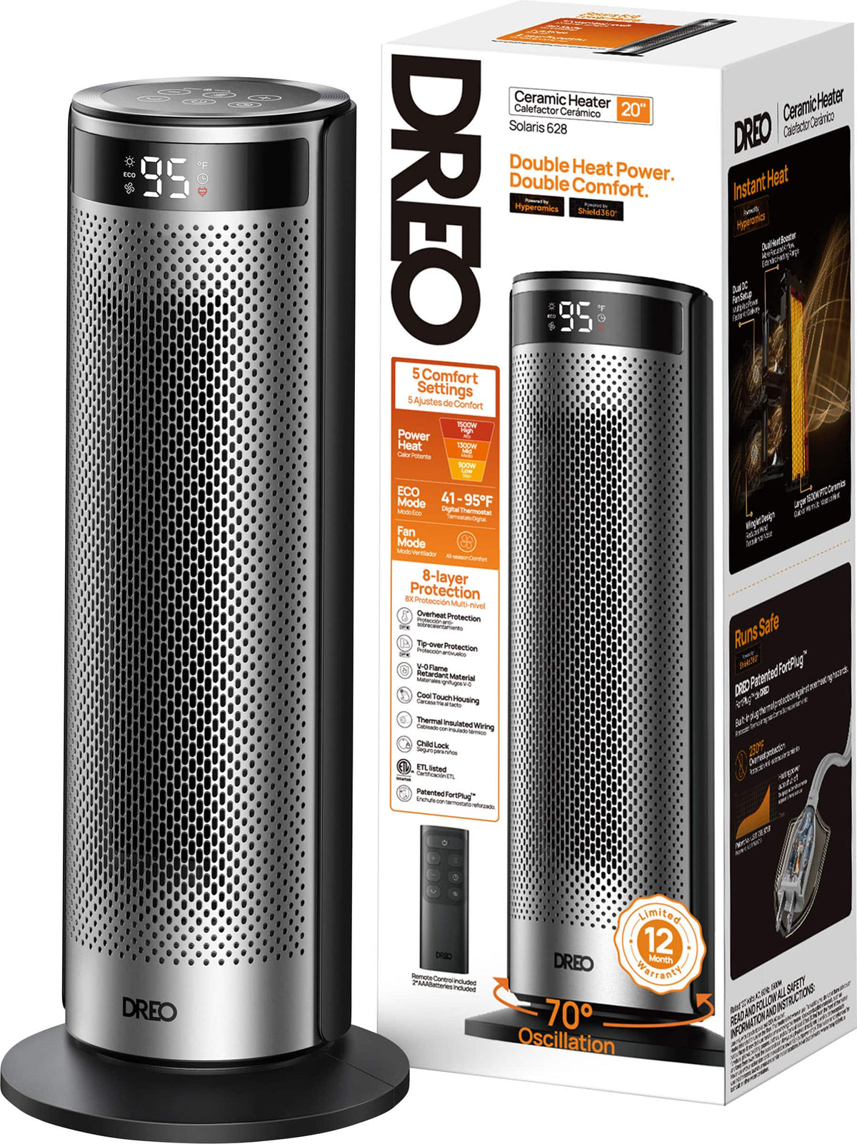 DREO - 20'' Portable Ceramic Space Heater for Home, 70° Oscillation, 12H Timer and Thermostat, 3 Heat Levels, Solaris 628 - Silver