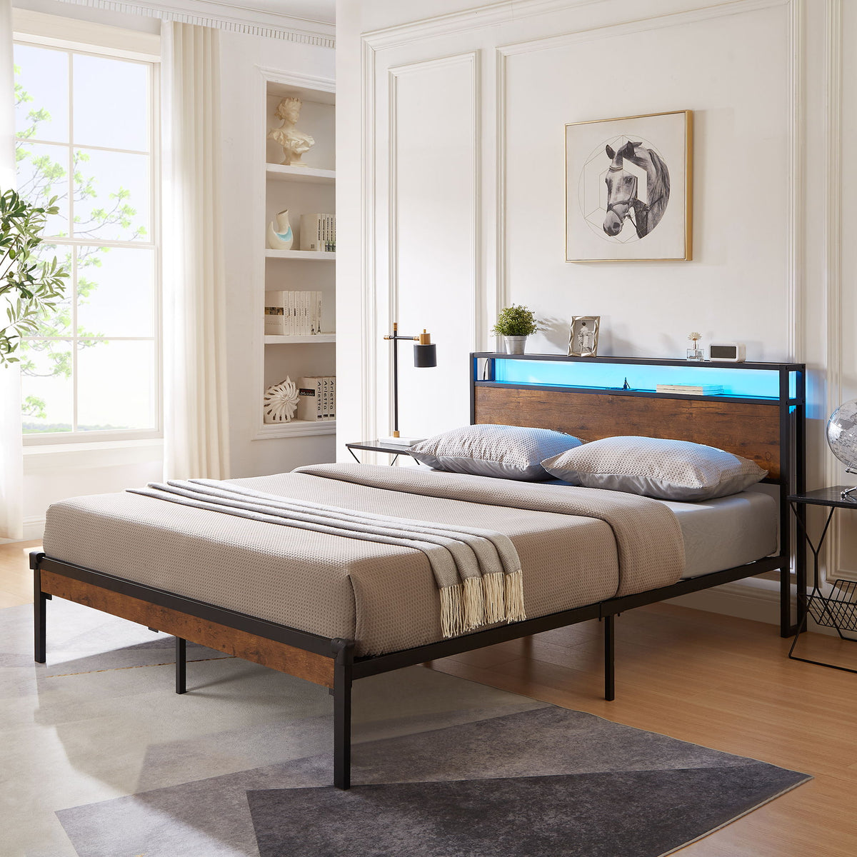 Estructura de cama de plataforma metálica con cabecera y pie de cama de madera con forro USB, luces LED, no necesita somier, gran almacenamiento debajo de la cama