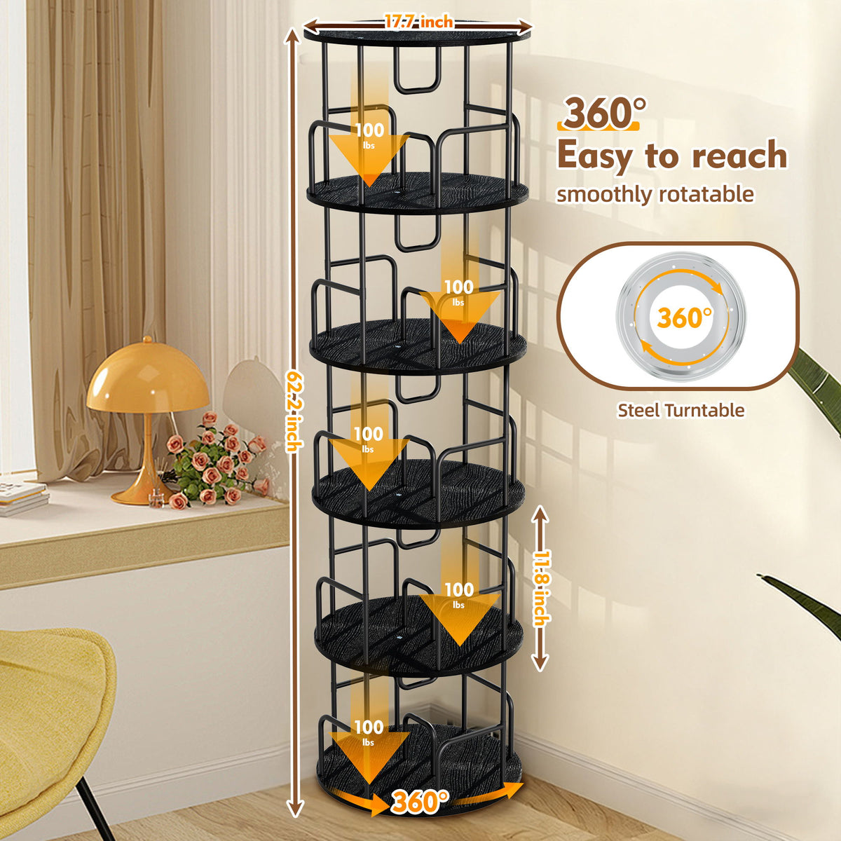 Rotating Bookshelf Tower 5 Tier Spinning 360 Degree Revolving Storage Shelf