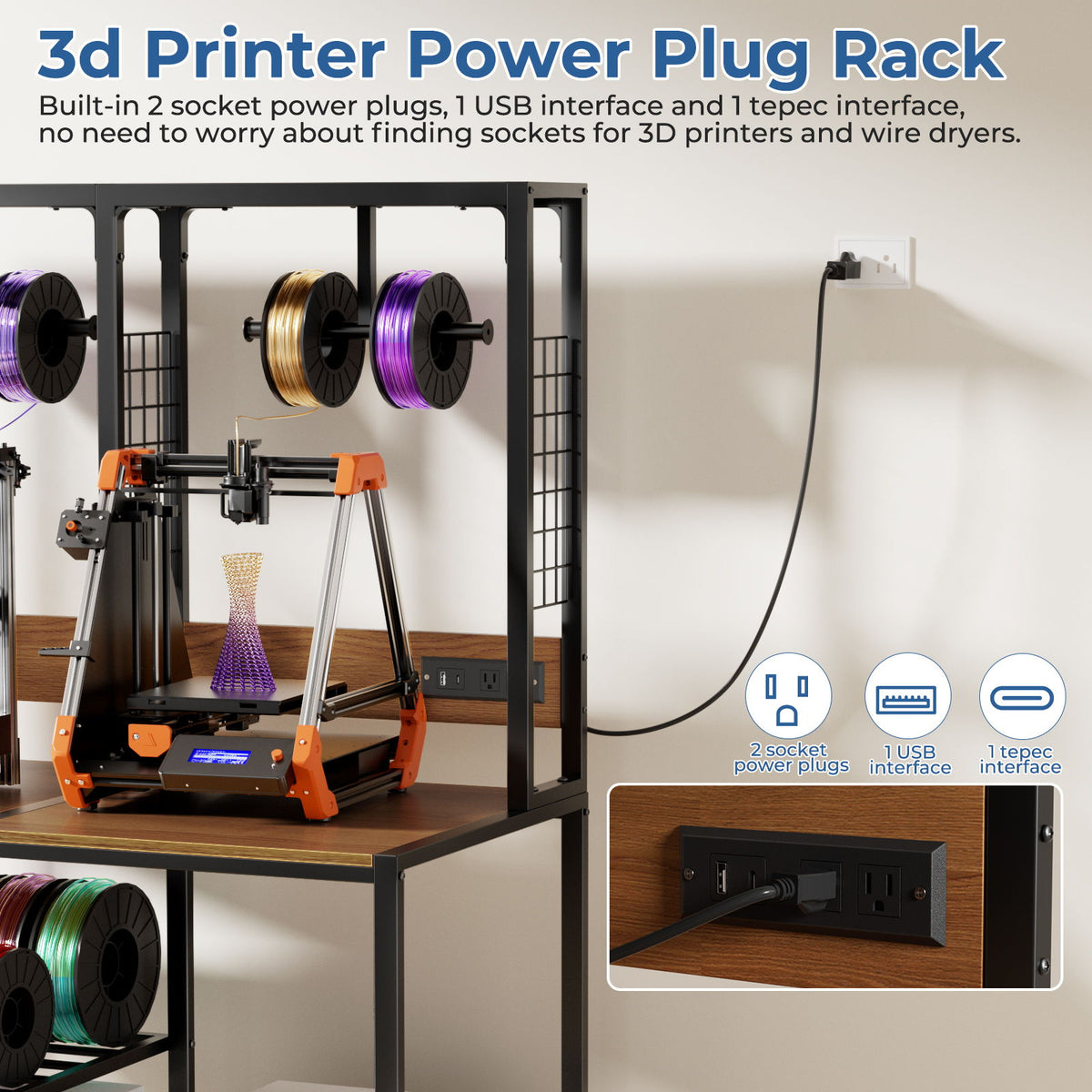 Soporte doble para impresora 3D con almacenamiento de filamento, soporte de filamento tipo T, ruedas bloqueables, estante móvil o fijo para impresora para el hogar - Negro