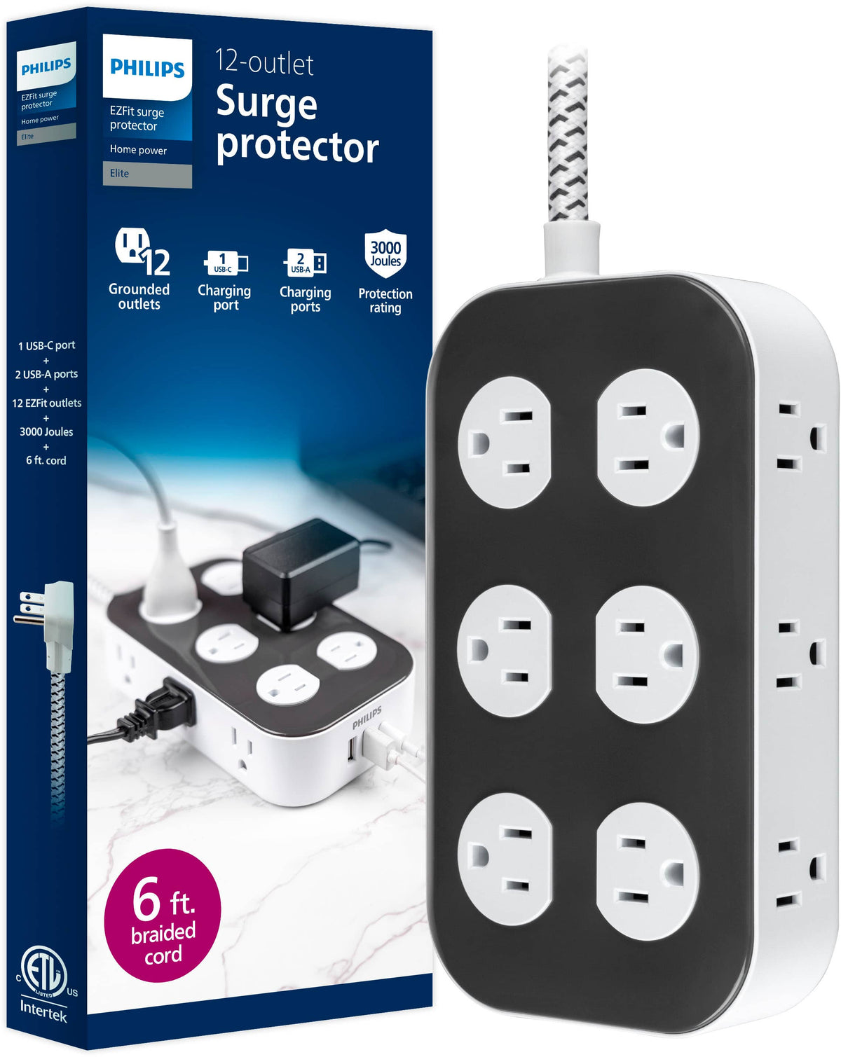 Philips - Surge Protector, 12 Outlet, 2 USB-A, 1 USB-C, 3000J, Braided Cord, 6ft - Dark Gray & Arctic White