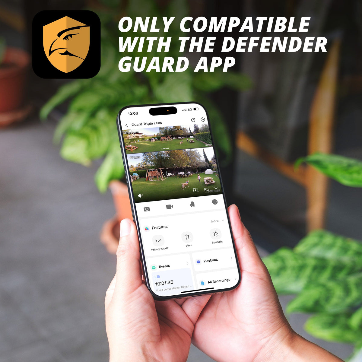Defender - AI 3K+ Guard Tri-Lens PTZ WIFI Plug-in Security Camera, 360° Tracking, AI Detection, Works w/ Guard App, 3 Pack - White