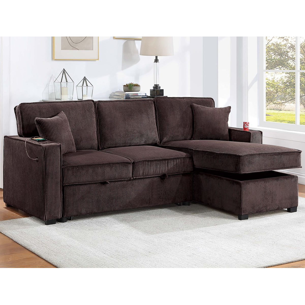 Sofá seccional convertible con puerto USB / USB-C, chaise longue con almacenamiento y cama extraíble