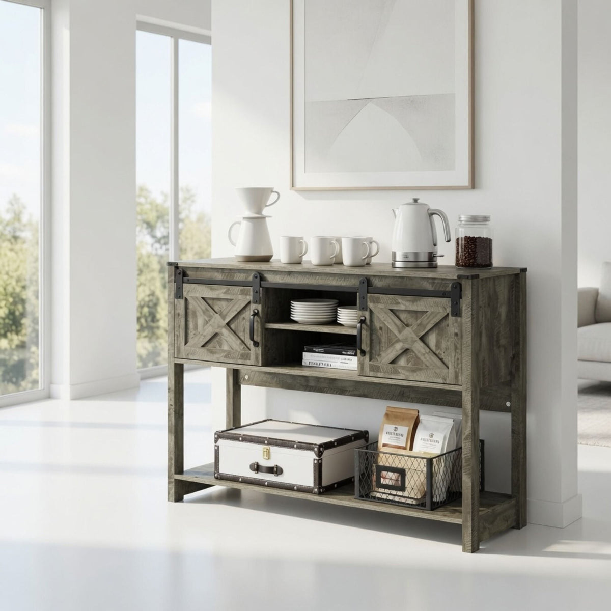 Mesa de entrada rústica con puerta corrediza estilo granero