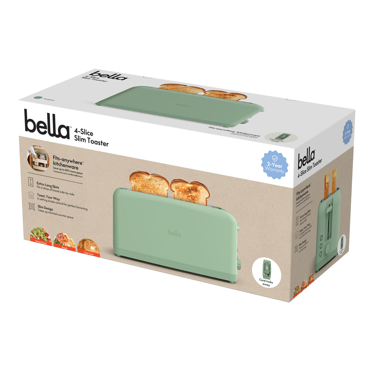 Bella - Fits-anywhere Kitchenware: 4-Slice Slim Toaster with Long Wide Slots - Seaglass