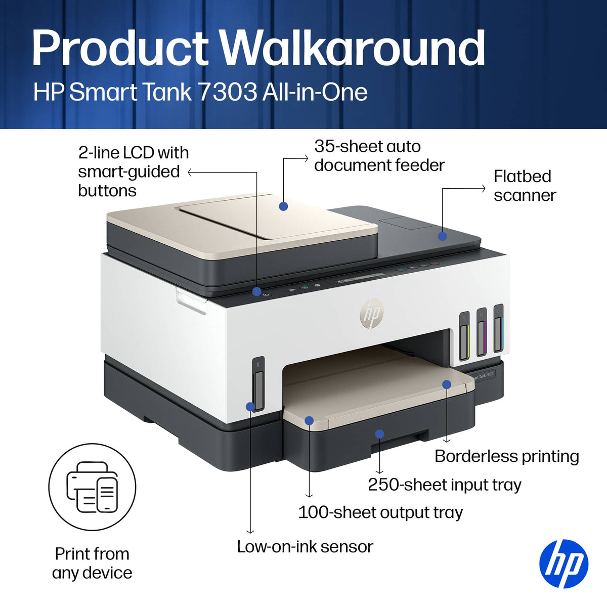 HP - Smart Tank 7303 Wireless All-in-One AI-Enabled Cartridge-Free Supertank Inkjet Printer with 3 Years of Ink Included¹ - White