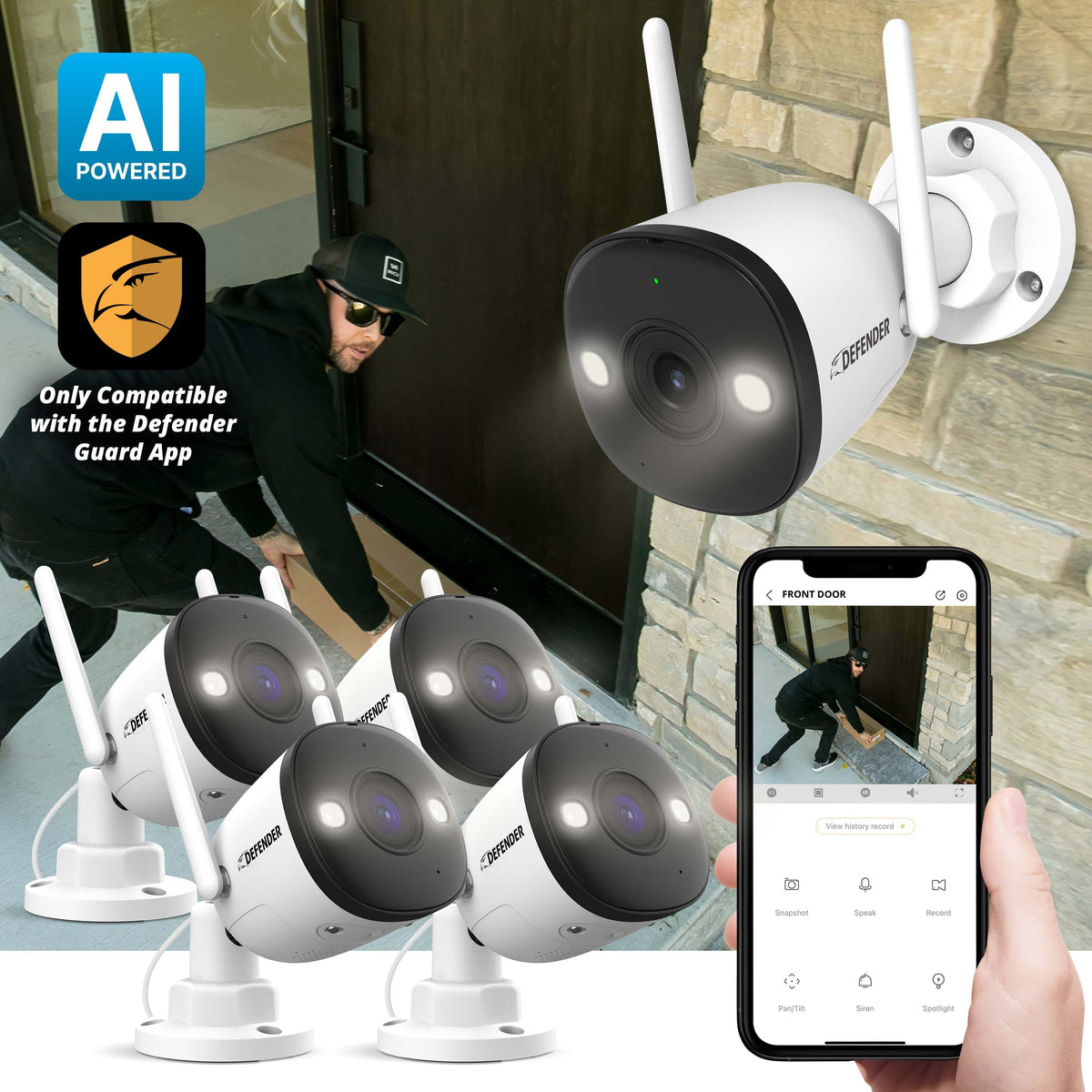 Defender - AI POWERED 4K Guard Pro Wi-Fi 6 Plug-in Security Camera, 4 Pack - White