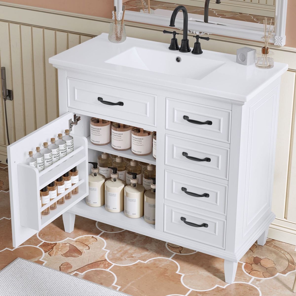 Tocador de baño moderno con lavabo integrado, cajones abatibles y estante ajustable
