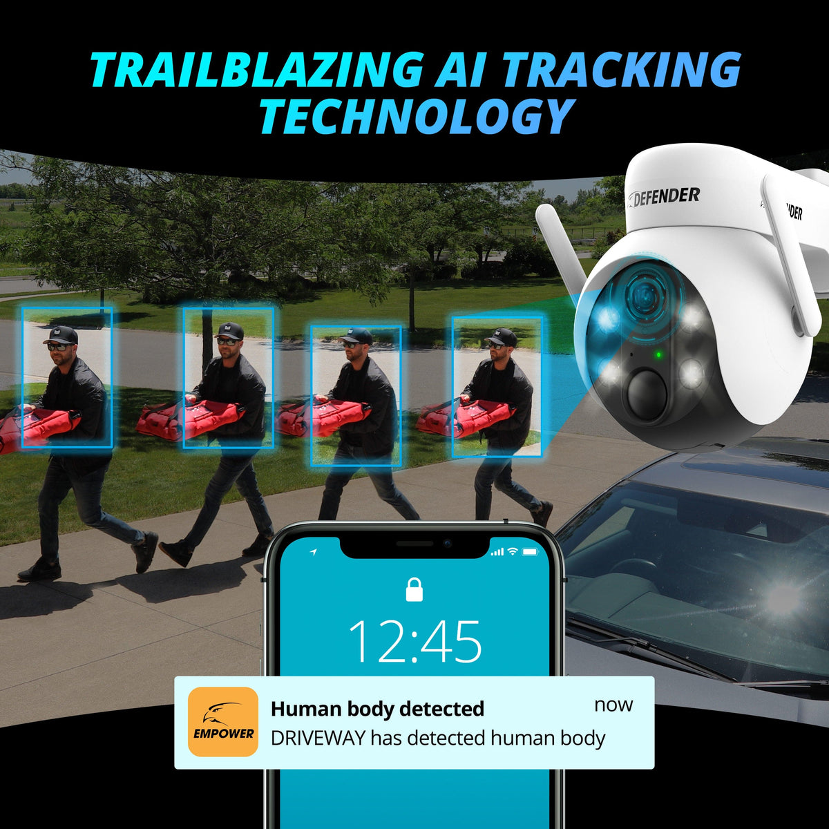 Defender - Solar Powered 4K AI Everwatch Wireless Security PTZ Camera with 3W Solar Panel, AI Detection, 2 Pack - White