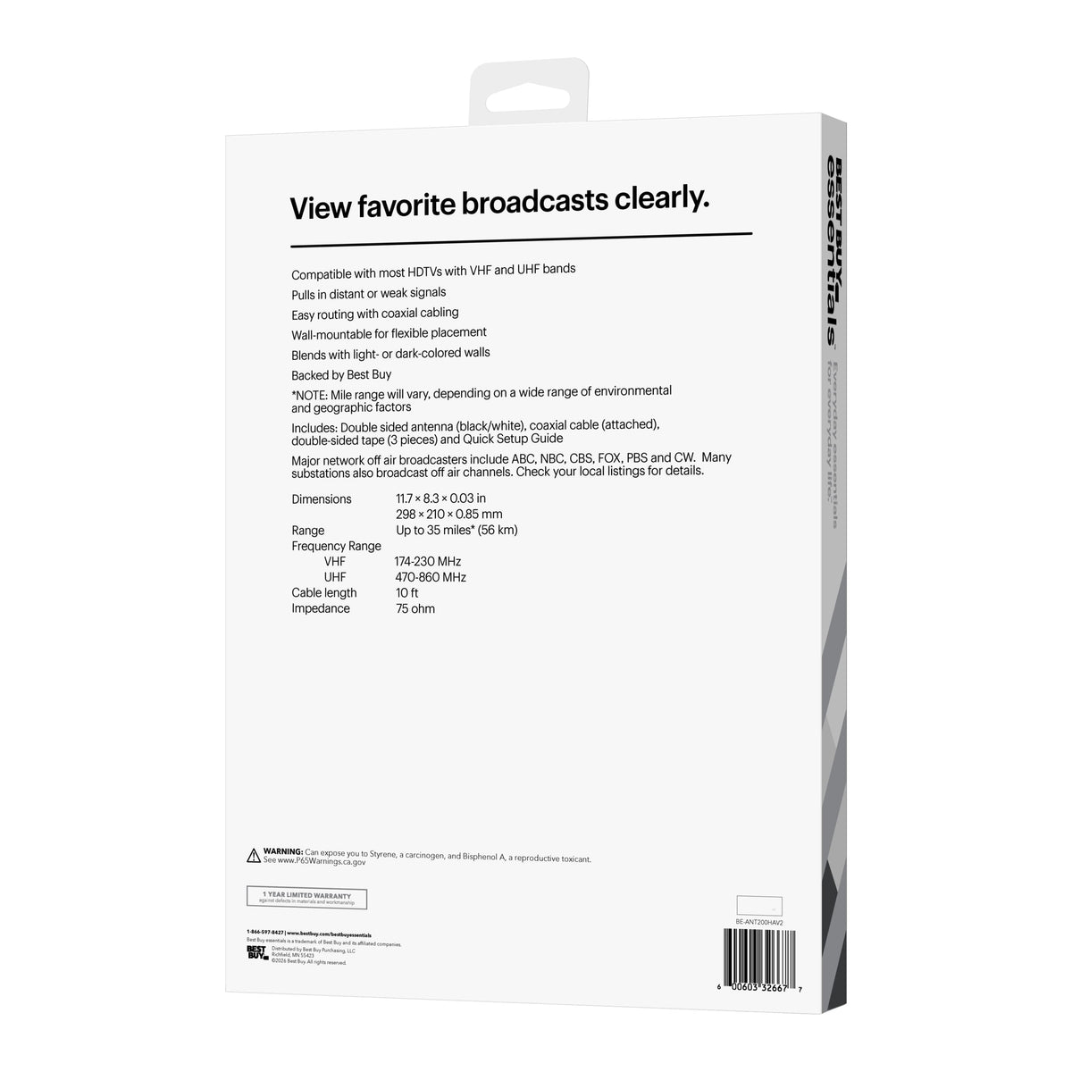 Best Buy essentials™ - Thin Indoor HDTV Antenna - 35 Mile Range - Black/White