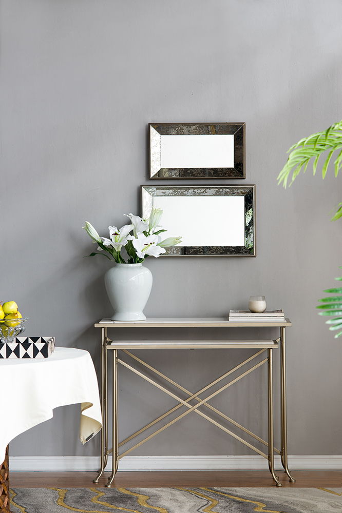 Antique Rectangle Mirror With Floral Accents, Mirrored Display Tray, Hanging Wall Mirror