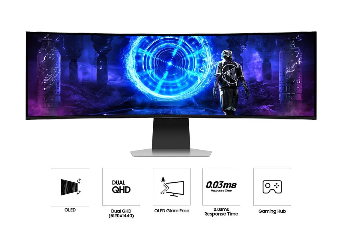 Samsung - 49" Odyssey OLED G9 Curved Dual-QHD 240Hz FreeSync Prem Pro and G-Sync Compatible Smart Glare Free Gaming Monitor - Silver