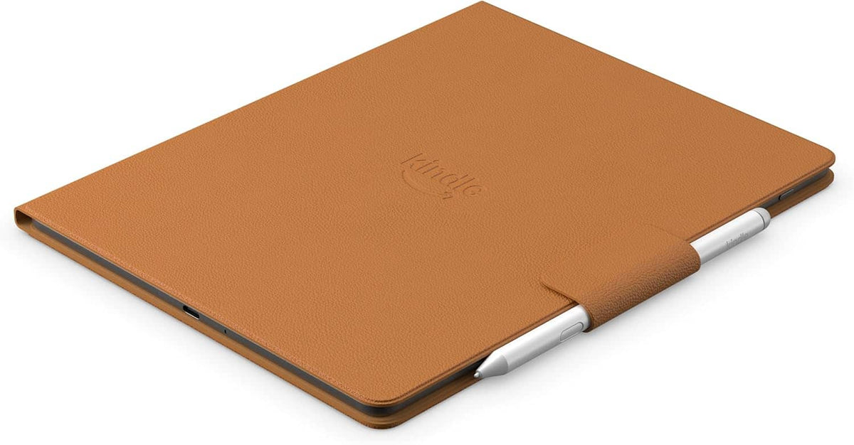 Amazon - Kindle Scribe Executive Folio Cover with Magnetic Attach, Sleek Protective Case - Premium Leather - Caramel