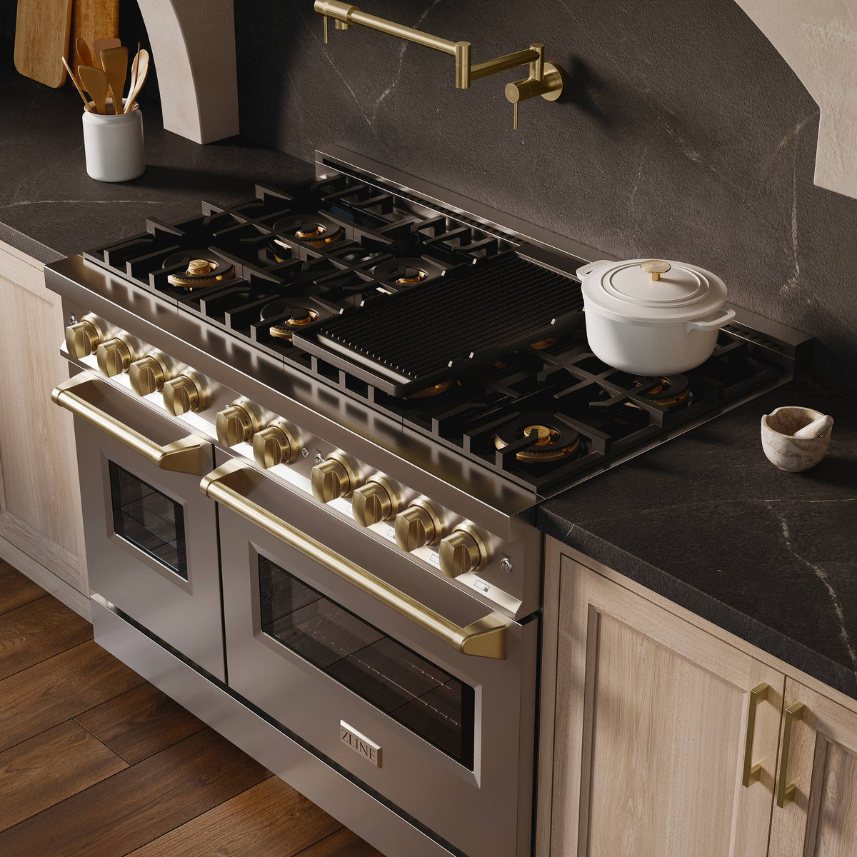 ZLINE - Autograph 48 in. 6.7 cu. ft. Classic Freestanding DuoPro Dual Fuel Range with Convection Oven & Bronze Accents - Satin Stainless Steel