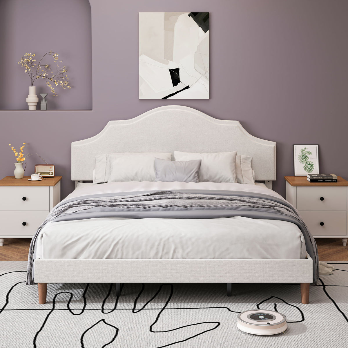 Base de cama tapizada tamaño King con cabecero ajustable, no requiere somier, color blanco