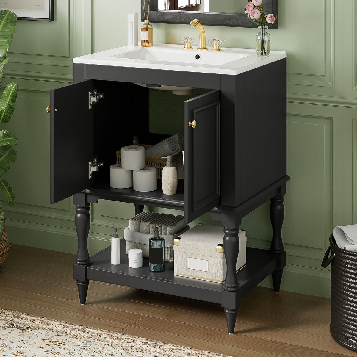 Mueble de baño moderno con lavabo, gabinete rectangular con estante abierto y almacenamiento cerrado