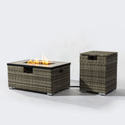 Mesa Rectangular para Pozo de Fuego de Gas Propano de 32" con Cubierta para Tanque de Propano, 50000 BTU, de Acero con Hermosa Base de Mimbre