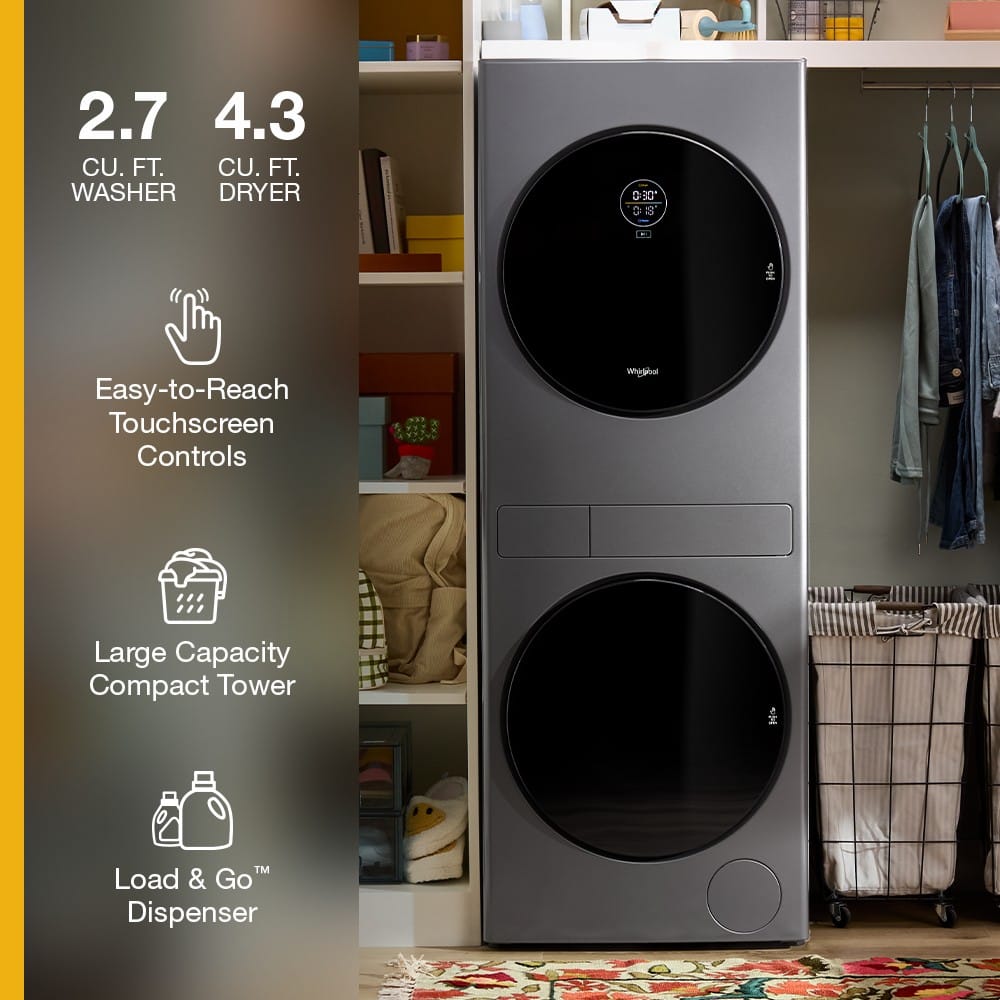 Whirlpool - 2.7 Cu. Ft. Washer and 4.3 Cu. Ft. Electric Dryer Ventless Heat Pump Laundry Tower and Energy Star - Titanium Metallic