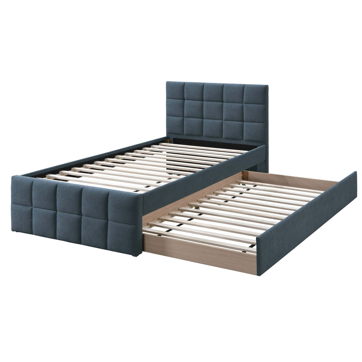 Cama de estilo contemporáneo con nido, cabecero y piecero tapizados con patrón de cuadrícula