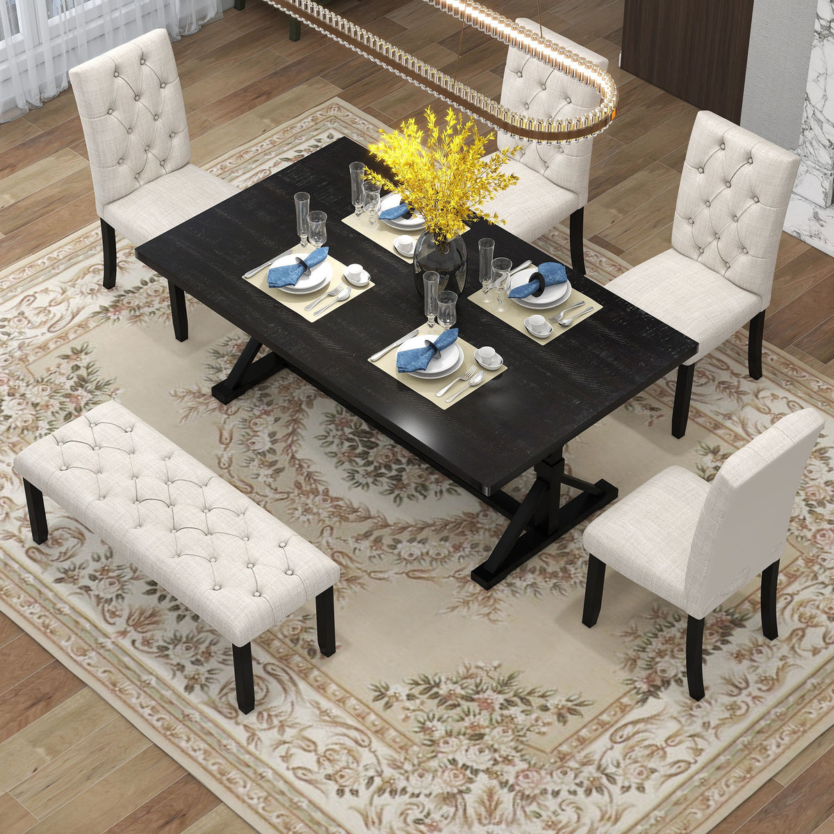 6 Piece Dining Table Set With Rectangular Wood Table, 4 Upholstered Chairs, Bench