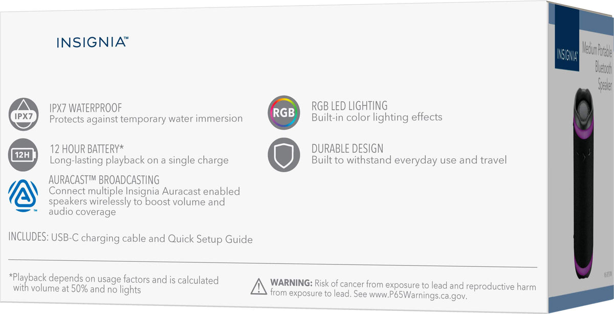 Insignia™ - Medium Waterproof Bluetooth Speaker with LED Lighting - Black