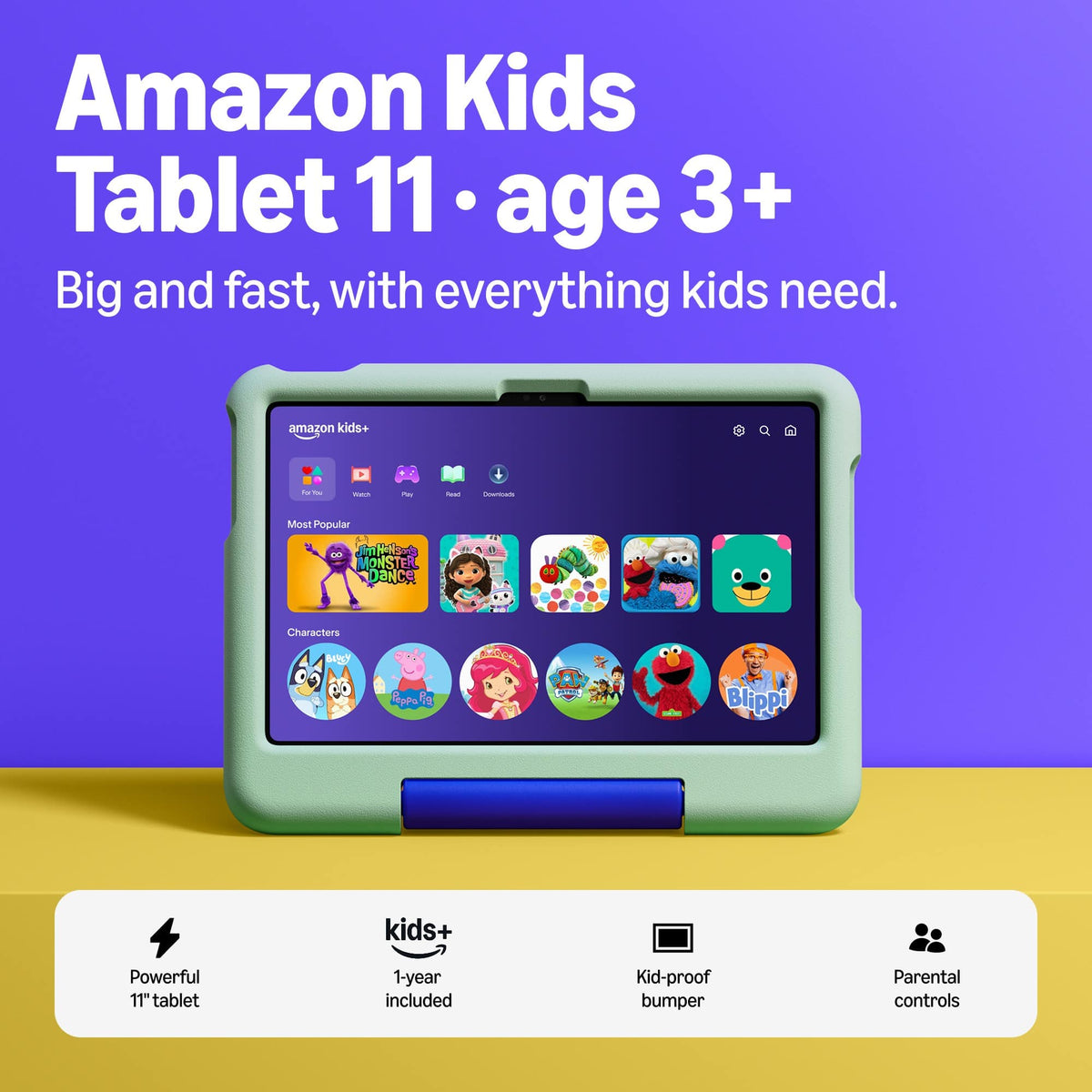 Amazon - Kids Tablet 11 (all-new) ages 3+, 11" 2.5K display, 8GB, includes 1-year Kids+ subscription, parental controls - Cool Green