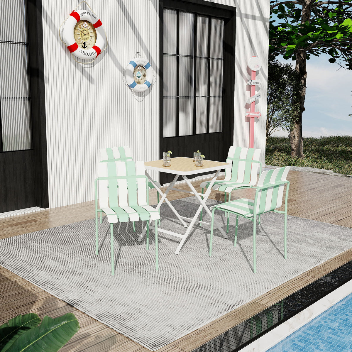 Juego de 4 sillas individuales con diseño de bloques de color y mesa cuadrada plegable - Verde neblina / Caqui / Blanco