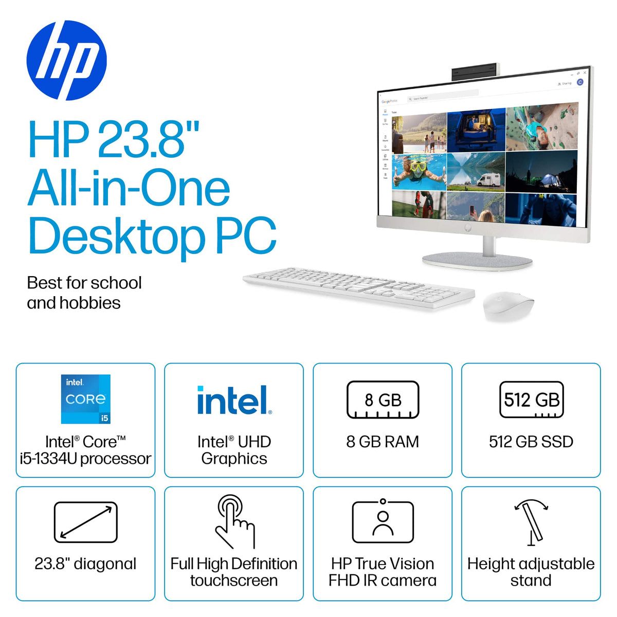HP - 23.8" Full HD Touch-Screen All-in-One with Adjustable Height - Intel Core i5 1334U 2023 - 8GB Memory - 512GB SSD - Shell White
