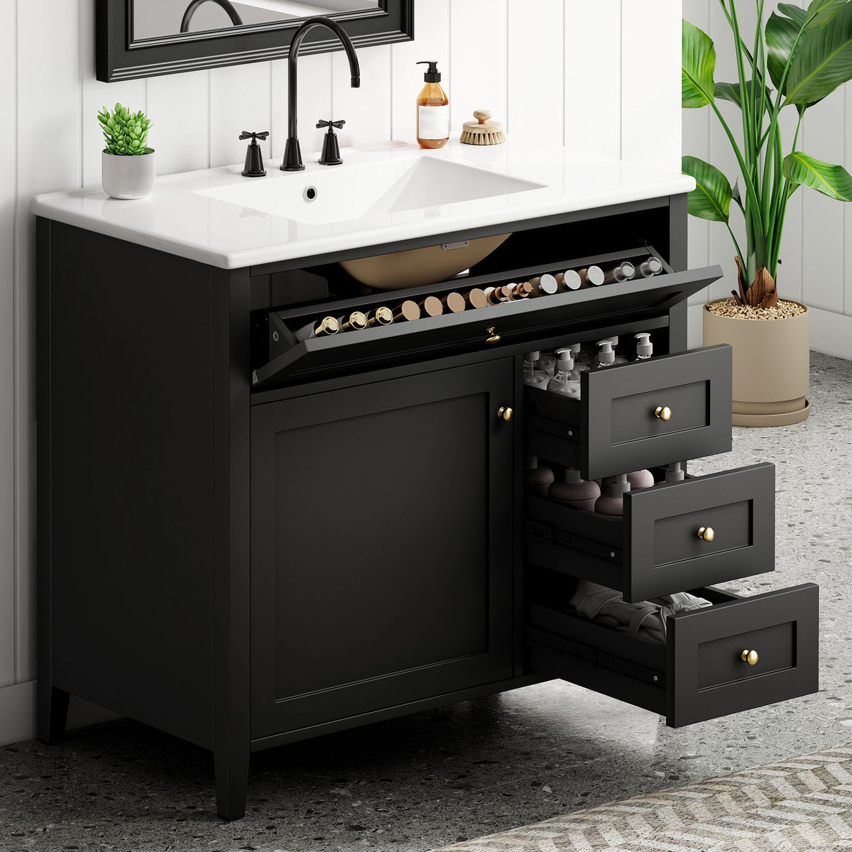 Tocador de baño con lavabo, mueble con 3 cajones y estante ajustable