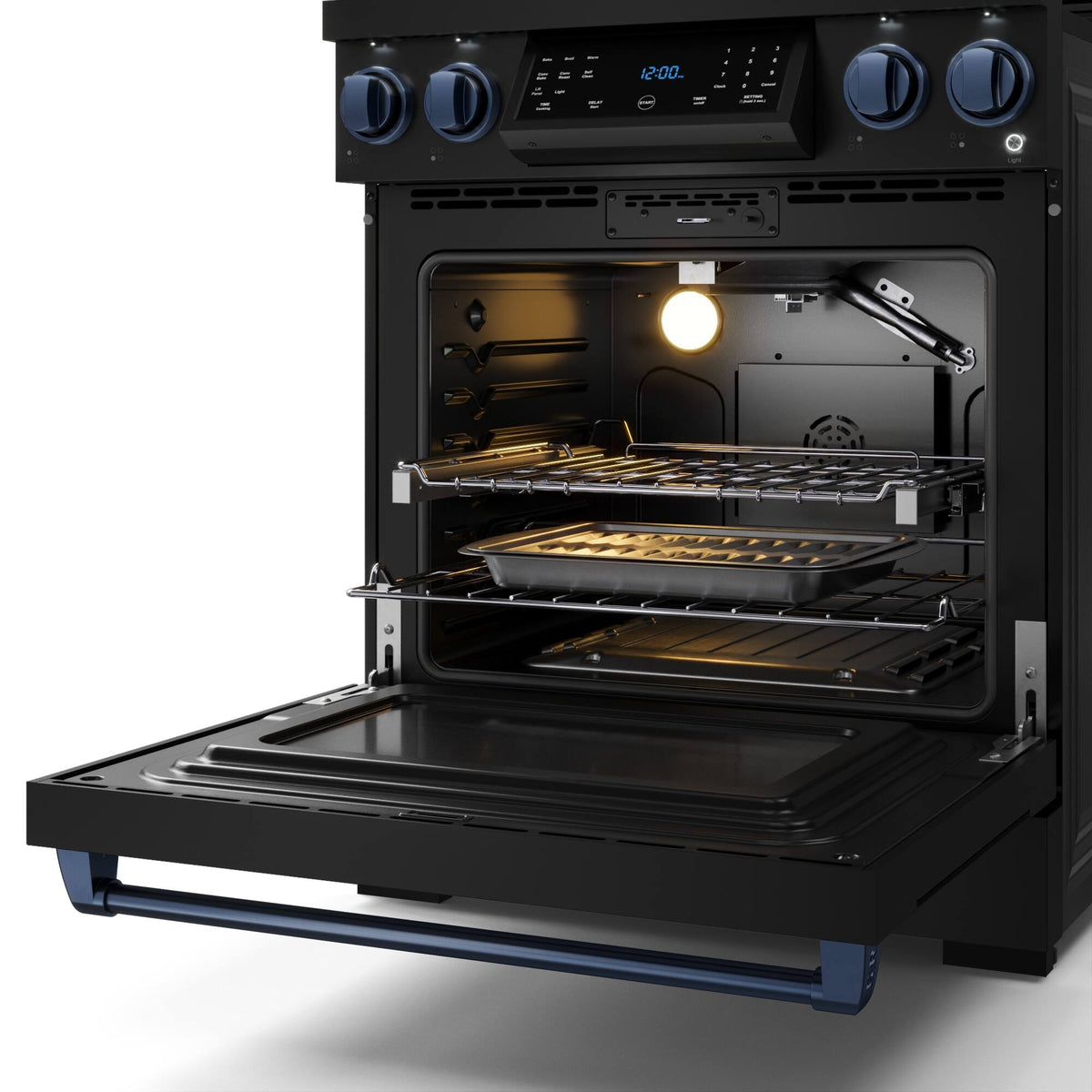30 in. Wide 4 burner Gordon Ramsay Series by Thor Kitchen 4.55 Cu. Ft Freestanding Gas Range with Navy Blue Hardware - Black