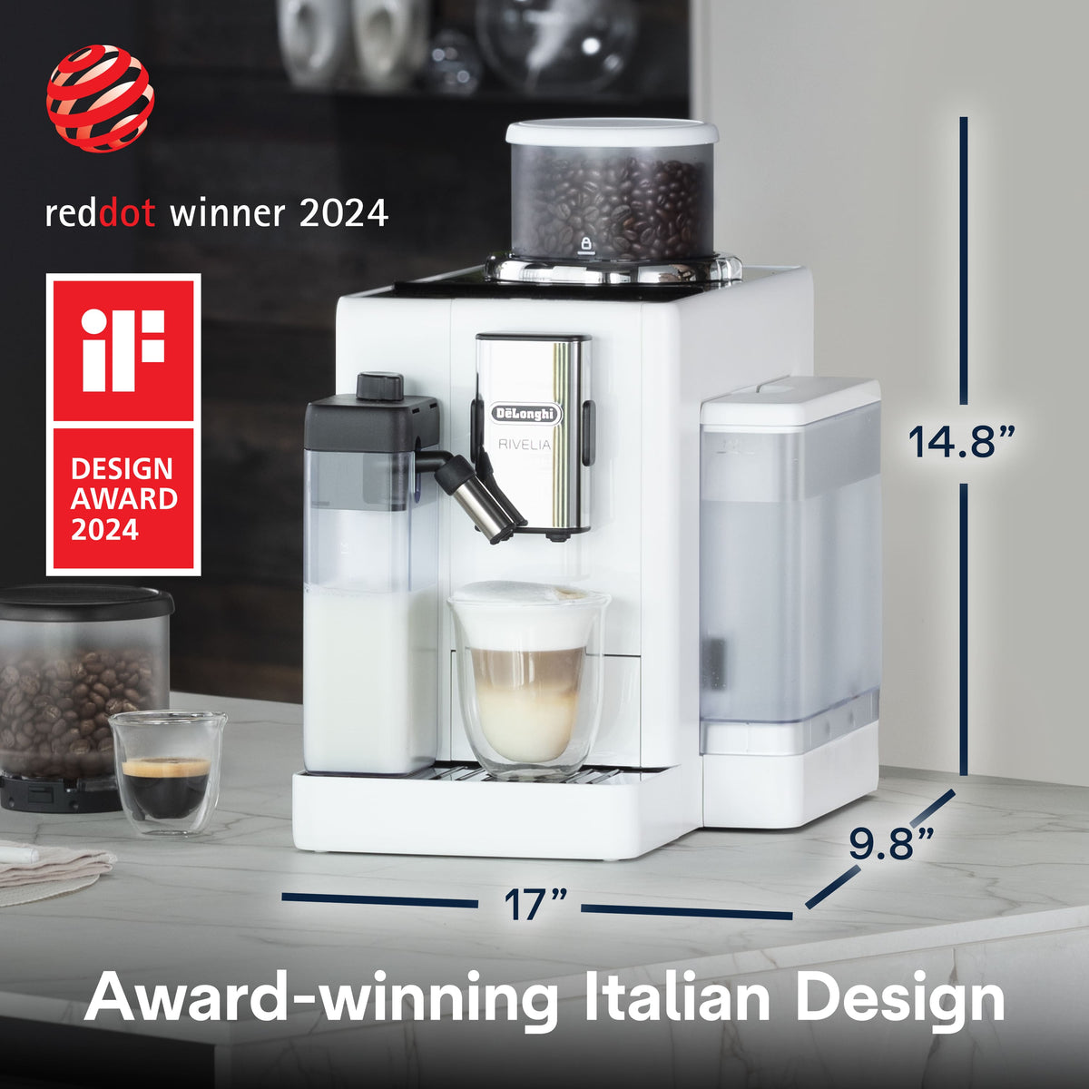 De'Longhi - Rivelia Fully Automatic Espresso Machine, Integrated Grinder, 2 Removable Bean Hoppers, Automatic Milk Frother - Arctic White