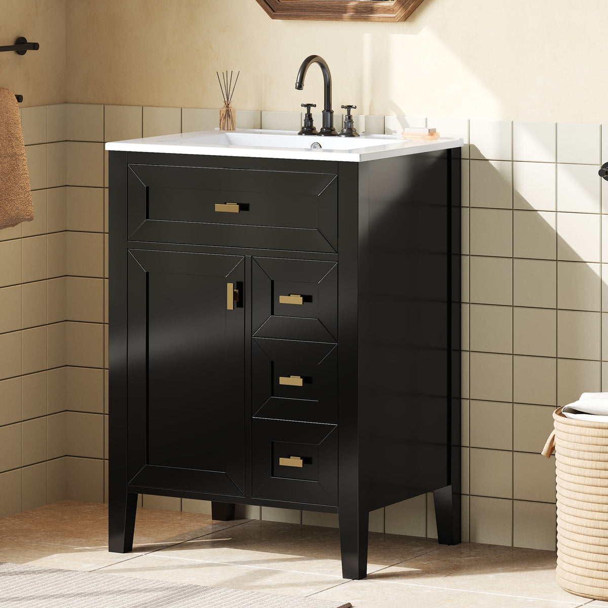 Tocador de baño con lavabo, 3 cajones y gabinete con estante de almacenamiento de 2 niveles en la puerta, puertas y cajones con cierre suave