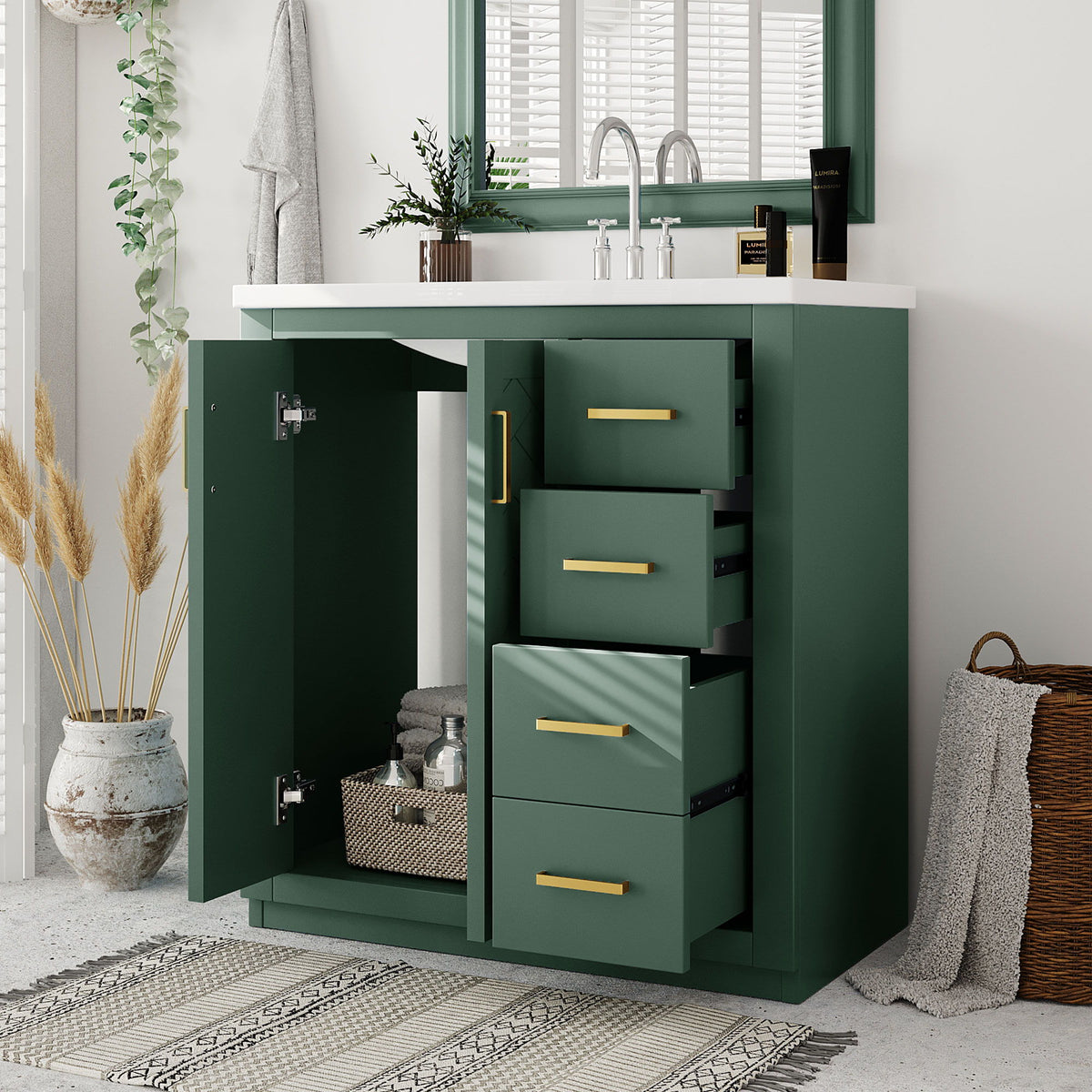 Tocador de baño con lavabo, mueble de almacenamiento, conjunto independiente con 3 cajones y puertas de cierre suave