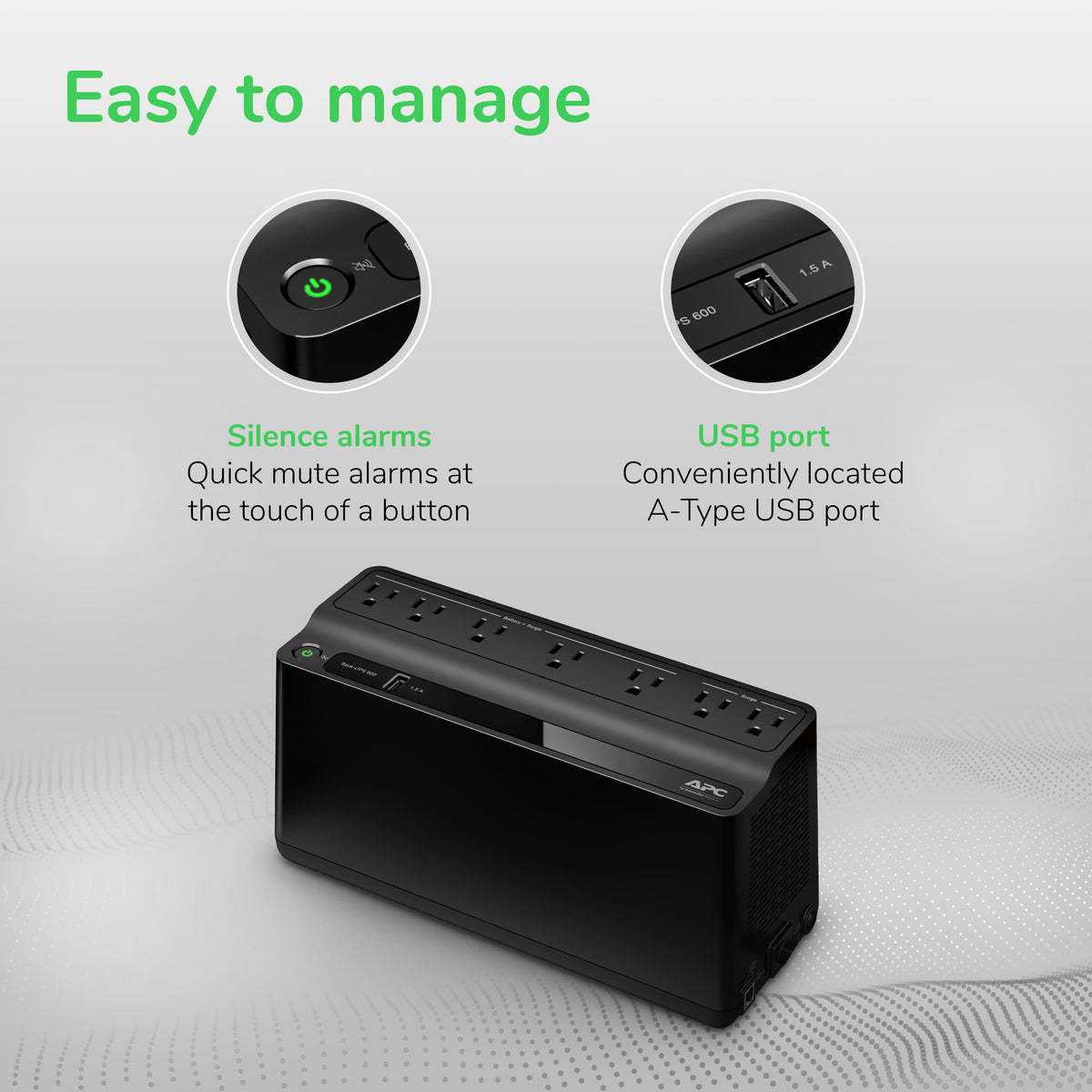 APC - Back-UPS 600VA, 120V, 1 USB charging port, 7 NEMA outlets (2 surge) - Black