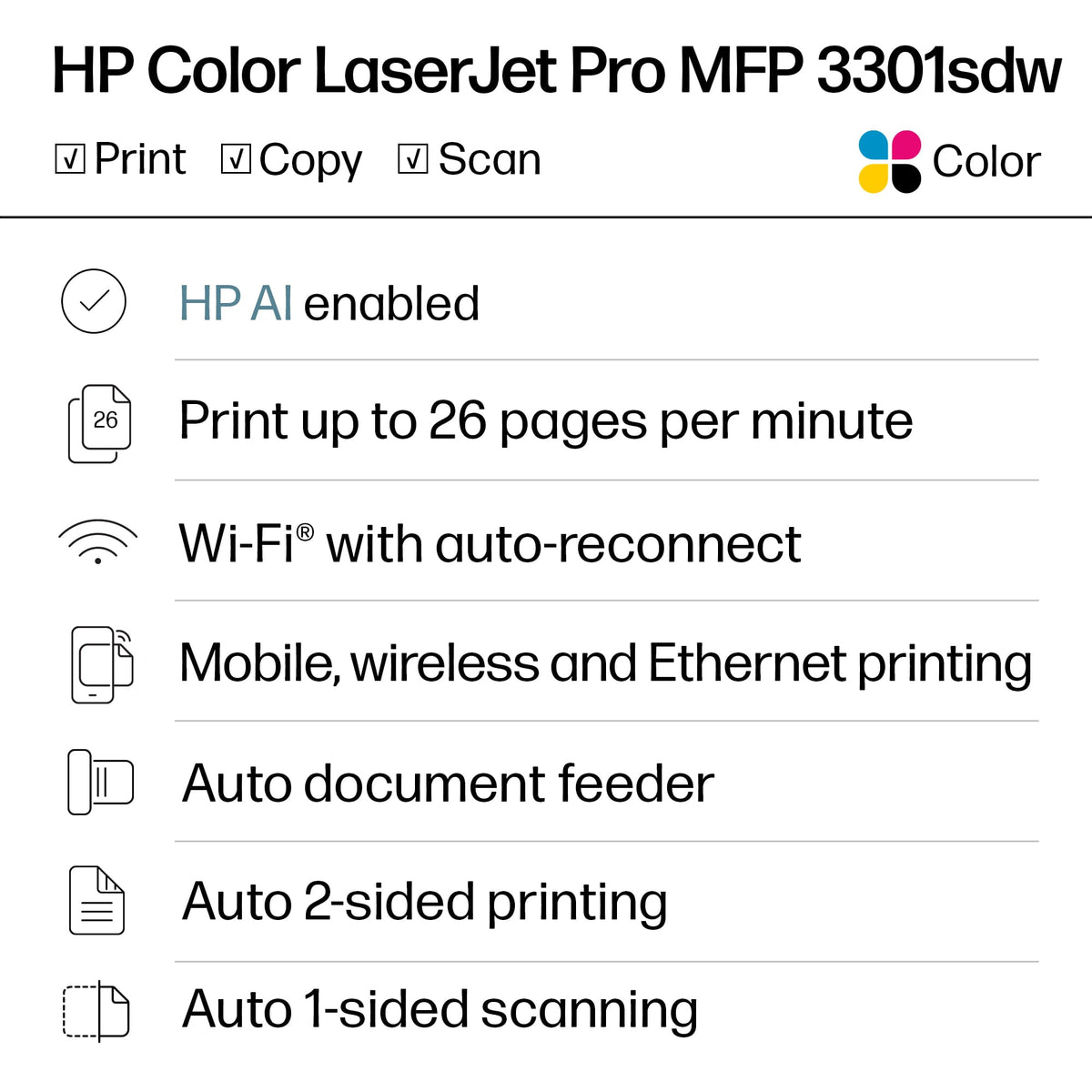 HP - LaserJet Pro MFP 3301sdw Wireless AI-Enabled Color All-in-One Laser Printer - White