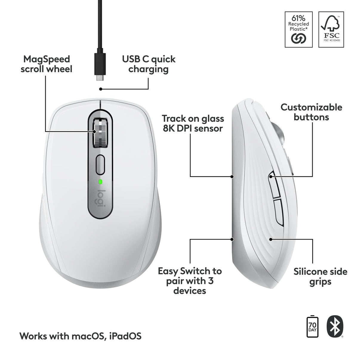 Logitech - MX Anywhere 3S for Mac Wireless Bluetooth Optical Fast Scrolling Mouse with Programmable Buttons - Wireless - Pale Gray