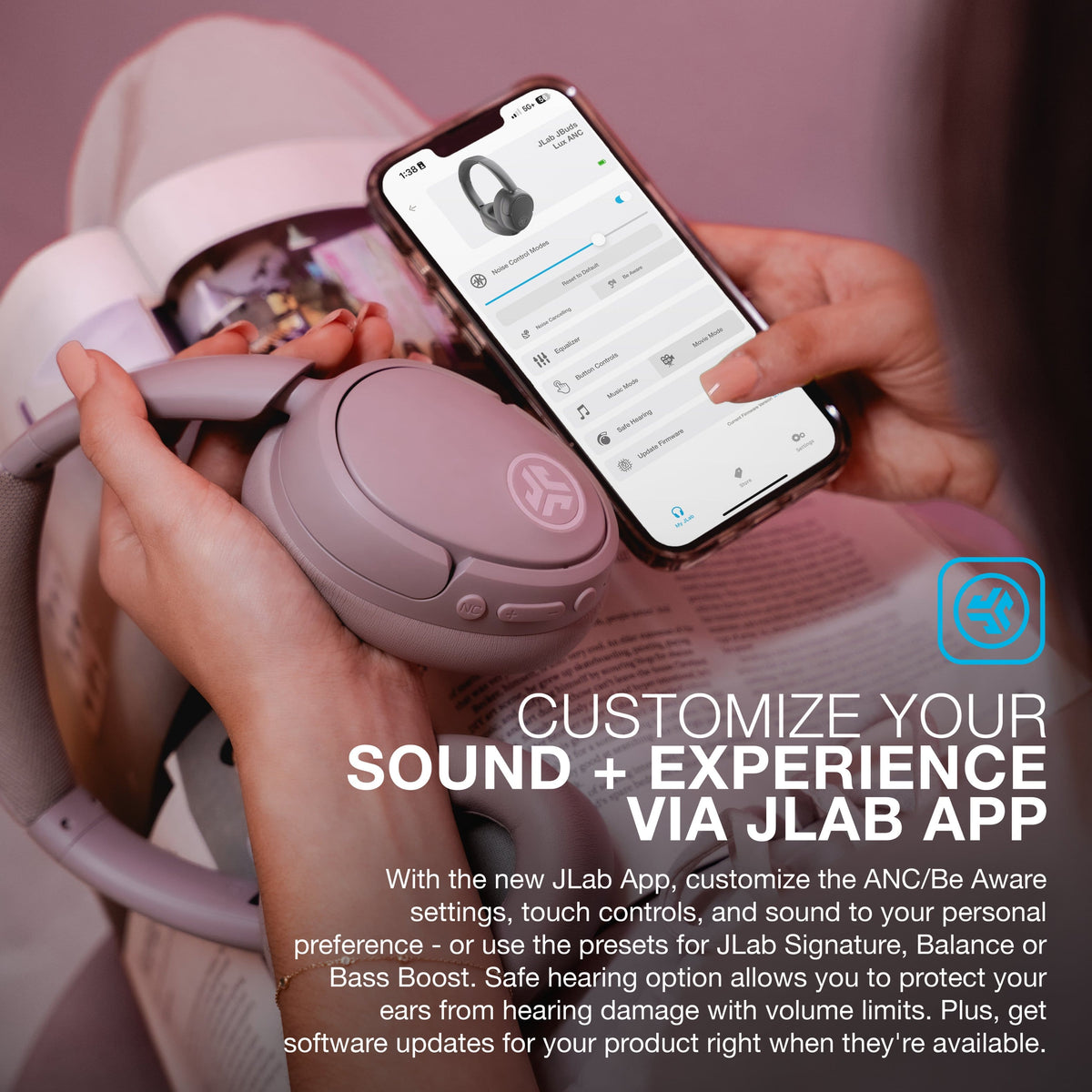 JLab - JBuds Lux ANC Wireless Bluetooth Over-Ear Headphones with Active Noise Cancelling, Spatial Audio & 70+ Hour Battery - Mauve