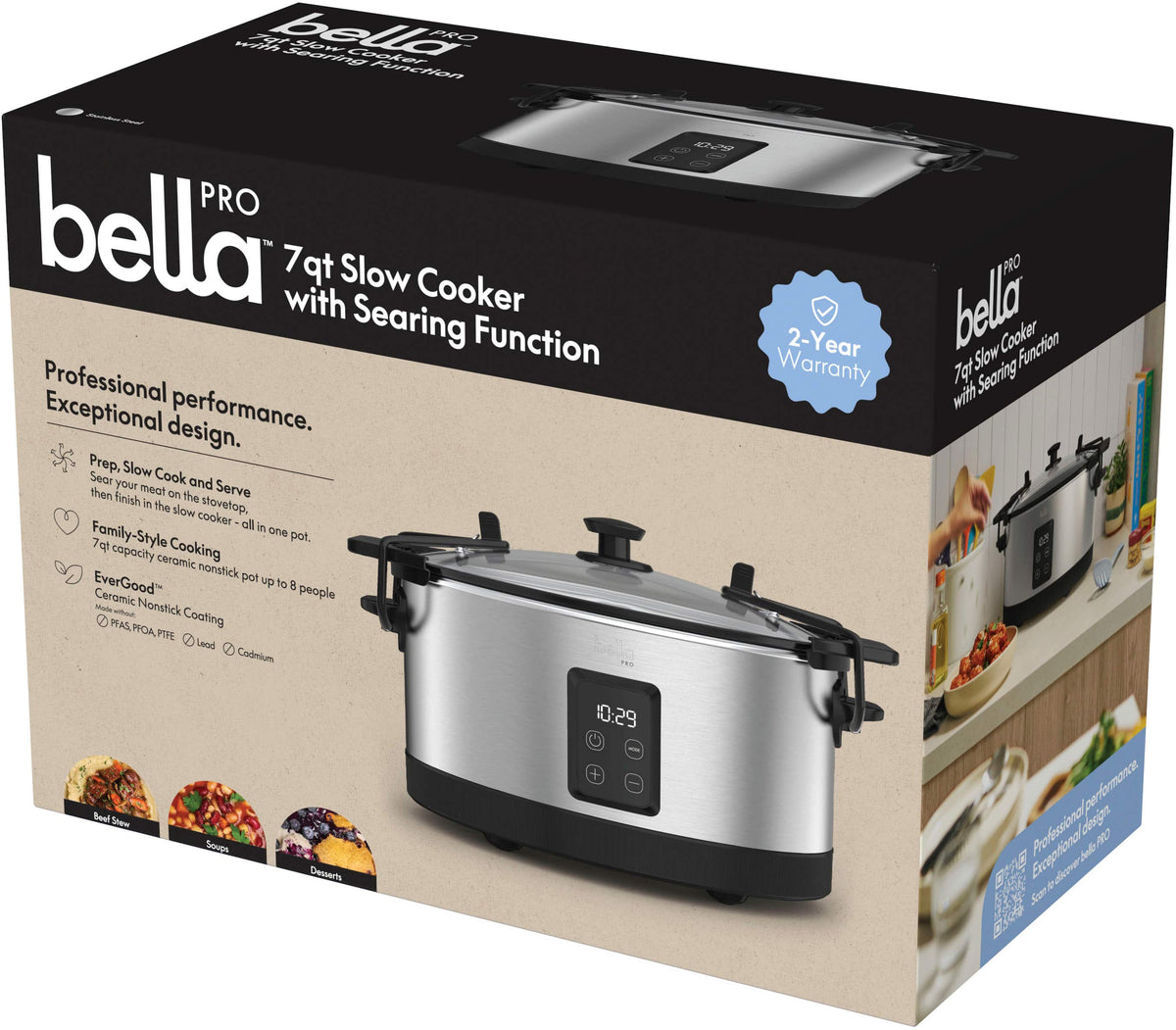 bella PRO - 7-qt. Programmable Slow Cooker with Searing Function - Stainless Steel