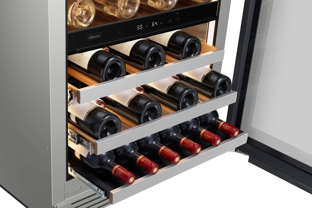 Dacor - 41-bottle 24-Inch Built-In Dual Zone Wine Cellar with Triple-Pane UV Glass and GlideRack System - Custom Panel Ready