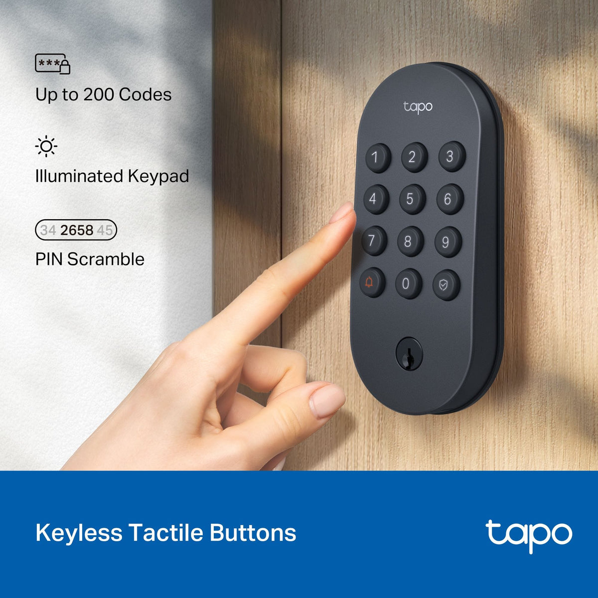 TP-Link - Tapo DL100 Smart Wi-Fi Deadbolt Door Lock – Keyless Tactile Buttons, App-Controlled Custom Access, Fits Standard Doors - Black