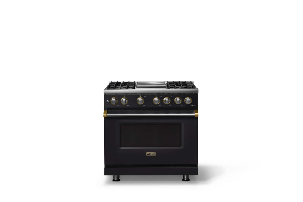 Viking - 36"W. Pro5S 5.6 Cu. Ft. Freestanding Self-Clean Sealed 4B LP DF Convection Range/Grdl-Slate Blue/Brushed Brass - Onyx