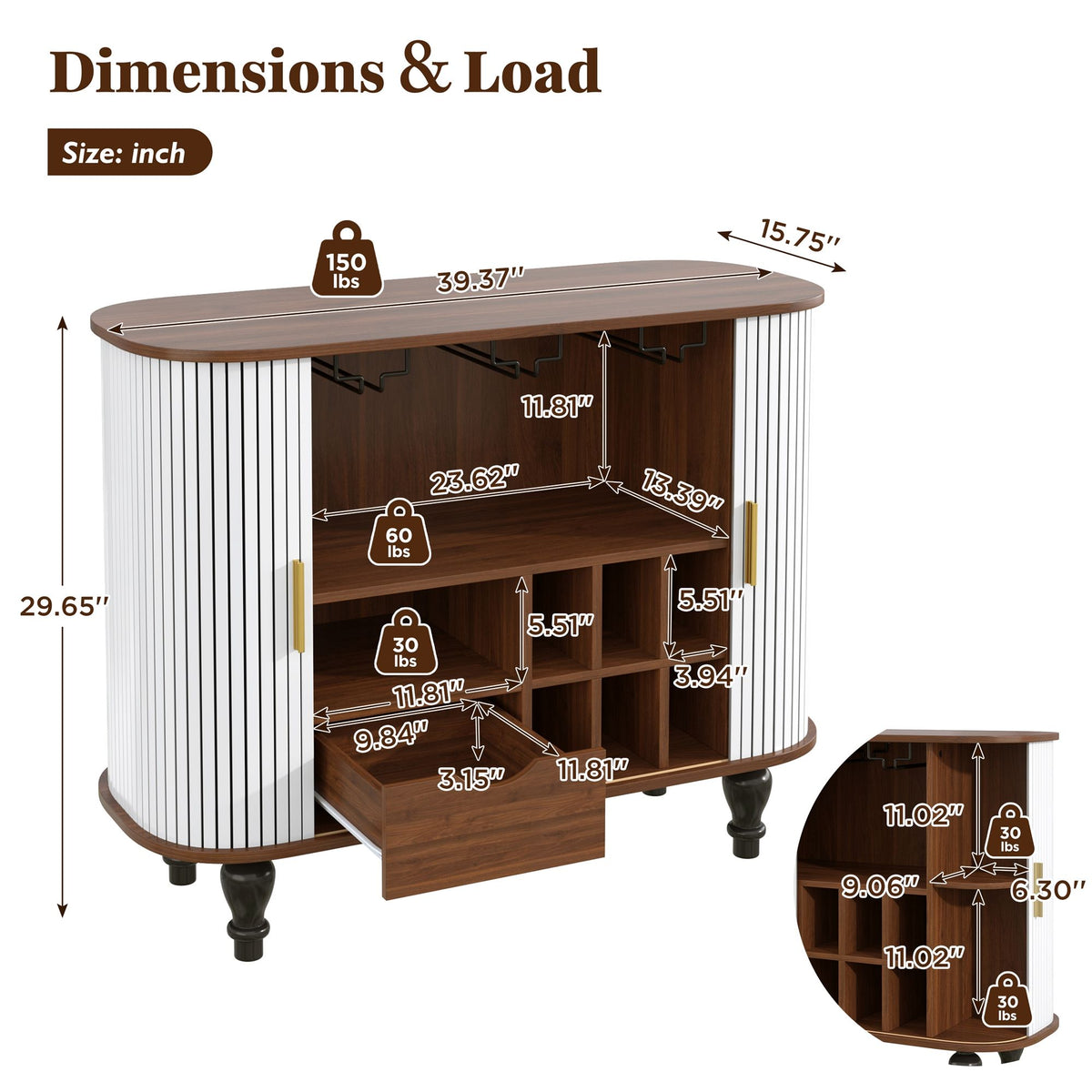Mueble bar estriado para licores y café con 6 botelleros y 3 soportes para copas